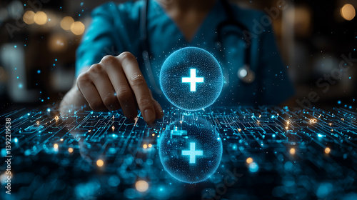 Digital hand with water drops on blue background representing global technology and communication