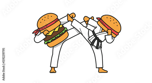 Two anthropomorphic burgers in karate poses with a flat and playful design style vector art