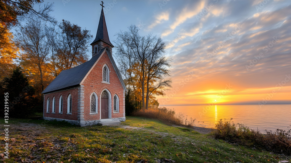 Fototapeta premium Sunrise over lake, autumnal brick chapel. Peaceful landscape, travel, postcard