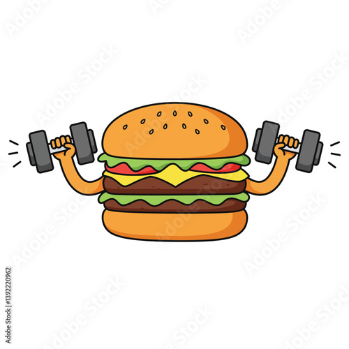 Hamburger lifting dumbbells in a playful flat design style vector art