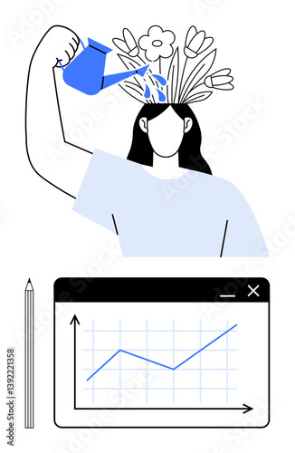 Female figure watering blooming flowers from her head, representing growth and creativity. Below, a graph shows upward progress, supported by a pencil. Ideal for education, mental health, personal