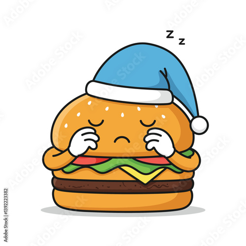 Cute cartoon burger wearing a blue hat, minimal design style, sleeping, vector illustration