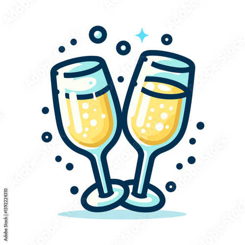 Two champagne glasses with sparkling yellow beverage. Ideal for celebration themes, wedding invitations, New Year's event marketing, or anniversary announcements.