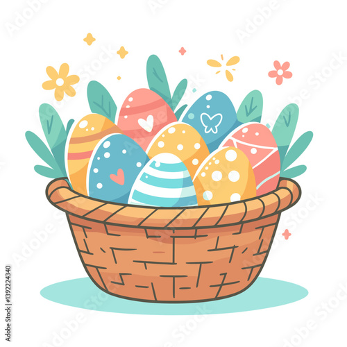 Easter eggs in wicker basket with floral decorations. Perfect for holiday promotions, spring celebrations, Easter greeting cards, or seasonal retail advertisements.