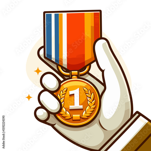 Hand holding gold medal with number 1 and ribbon. Ideal for achievement concepts, sports competitions, academic excellence, or recognition program illustrations.
