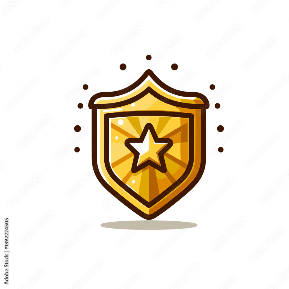 Golden shield with star emblem and sparkles. Ideal for security logos, protection service branding, award badges, or game achievement icon design. Golden shield with star emblem and sparkles. Ideal for security logos, protection service branding, award badges, or game achievement icon design.