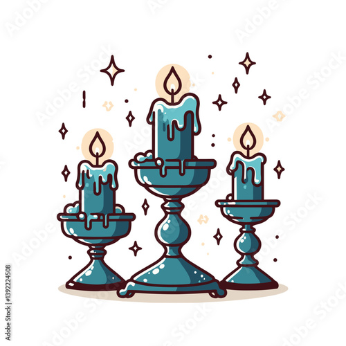 Three blue candles on vintage silver candlesticks with stars. Perfect for mystical themes, spiritual rituals, romantic dinner settings, or holiday decoration content.