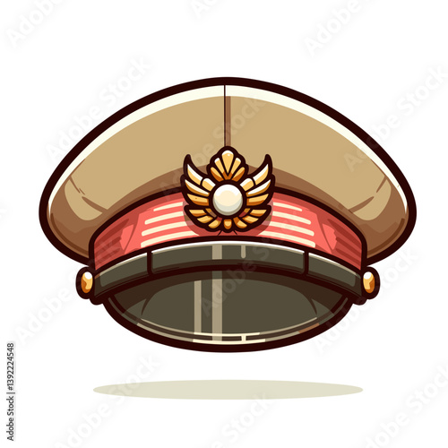 Military officer's cap with red band and gold emblem. Perfect for uniform designs, authority symbols, military hierarchy illustrations, or ceremonial event visuals.