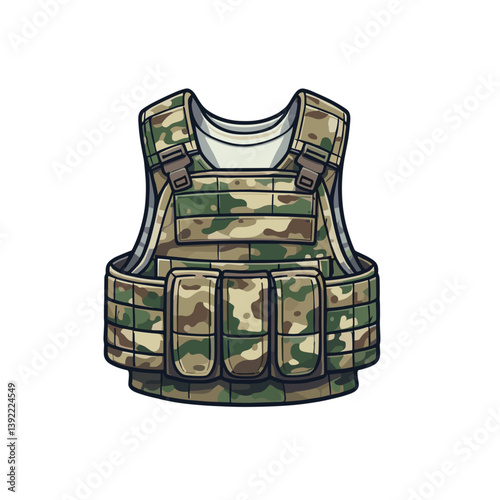 Tactical military vest with camouflage pattern. Perfect for army equipment catalogs, combat game assets, military training illustrations, or security service visuals.