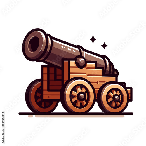 Vintage cannon on wooden wheels in brown and gold tones. Ideal for historical warfare, military museums and naval battle illustrations.