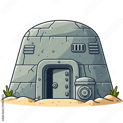 Stone bunker with metal door in hillside. Ideal for military history content, survival shelter illustrations, apocalyptic game environments, or secret base concepts.