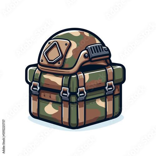 Military crate with camouflage helmet in army style. Ideal for tactical gear, military supply and combat equipment illustrations.