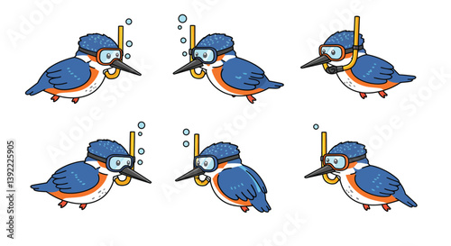 Colorful kingfisher bird diving underwater in flat vector art style vector illustration