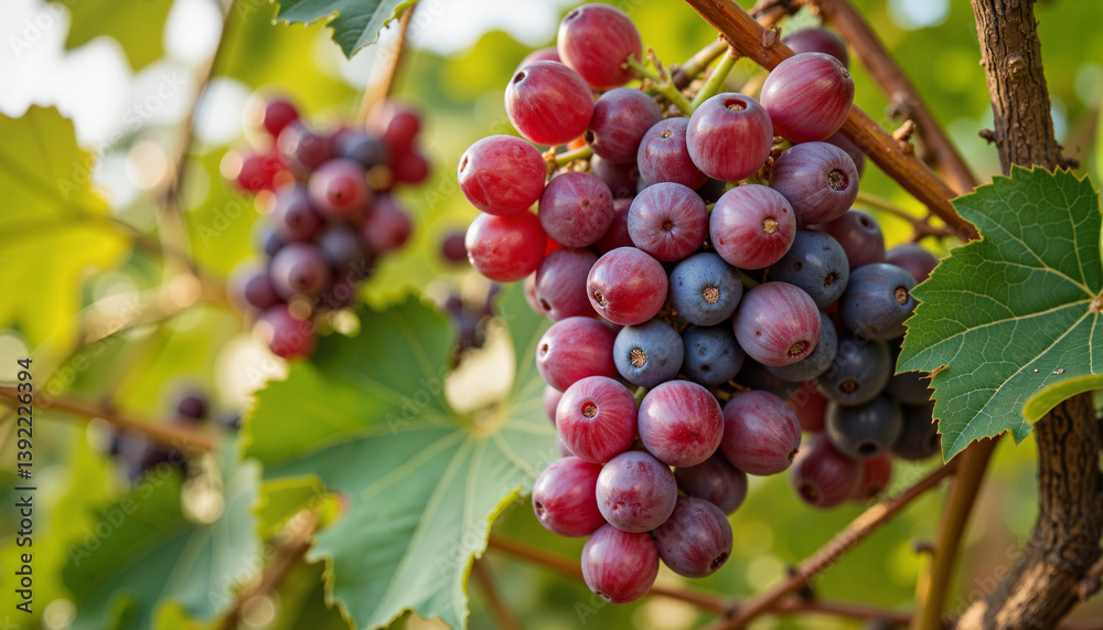 Fresh ripe grapes growing on vine in lush green vineyard Fresh ripe grapes growing on vine in lush green vineyard