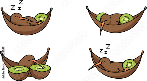 Sleepy kiwi bird relaxing in hammock with fruits in flat vector art