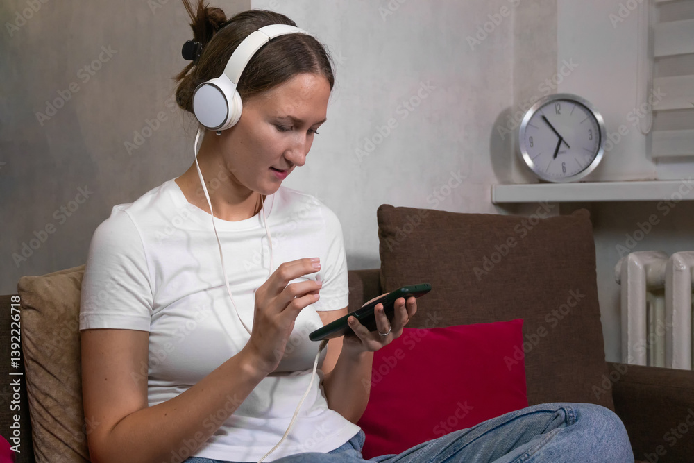Young woman wearing white headphones is listening to music and browsing her smartphone while sitting on a comfortable sofa in her living room