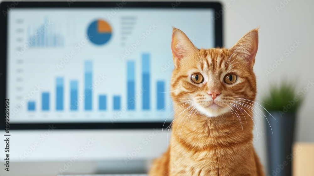 Cute orange cat sitting in front of computer screen with charts and graphs in modern office space Cute orange cat sitting in front of computer screen with charts and graphs in modern office space