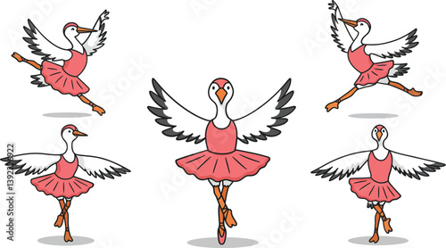 Elegant flamingo ballet dancer in vibrant pink tutu performing graceful poses in flat vector art
