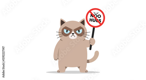 Cat holding a sign with a warning against hugs in flat vector art