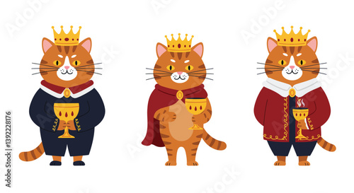 Cat character transformation in royal attire with minimal flat design vector art