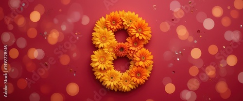 Number eight made of orange flowers on red background with festive bokeh lights.