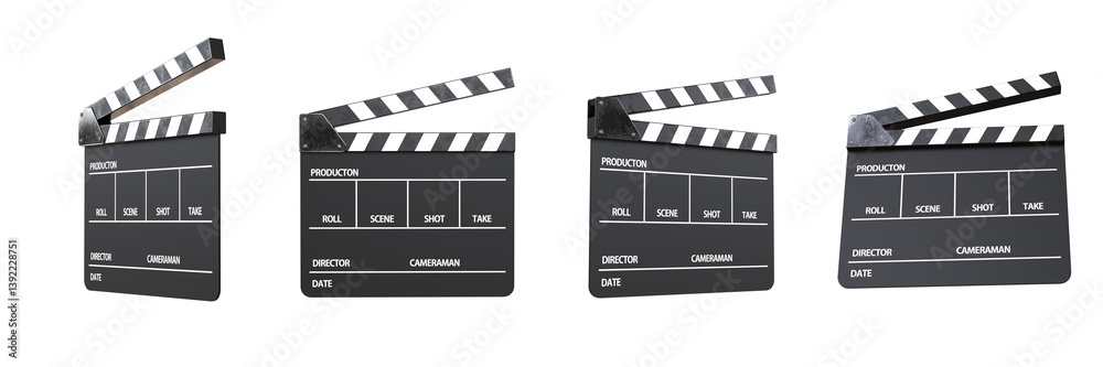 Obraz premium Opened Movie Film Clap Board. Movie clapper. Capperboard, slapstick, filmmaking device isolated on transparency background. png transparency