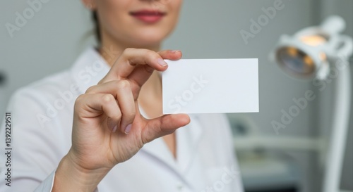 A woman holds a blank business card.