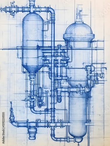 Gravity-fed water system blueprint with detailed pipes and tanks