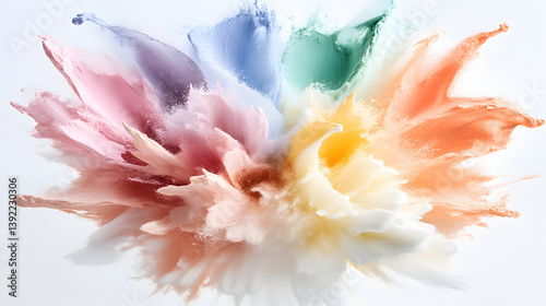 A colorful explosion of paint is splattered across a white background