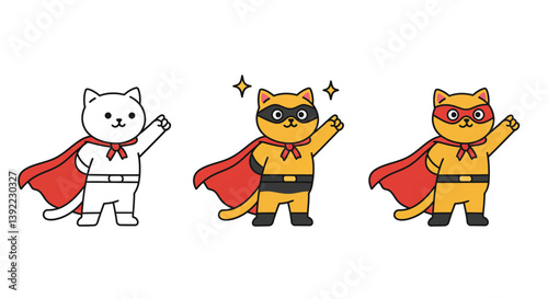 Cat superhero transformation in detailed flat design vector illustration