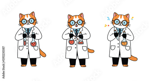 Cat scientist character transformation with colorful elements in flat vector art style vector illustration