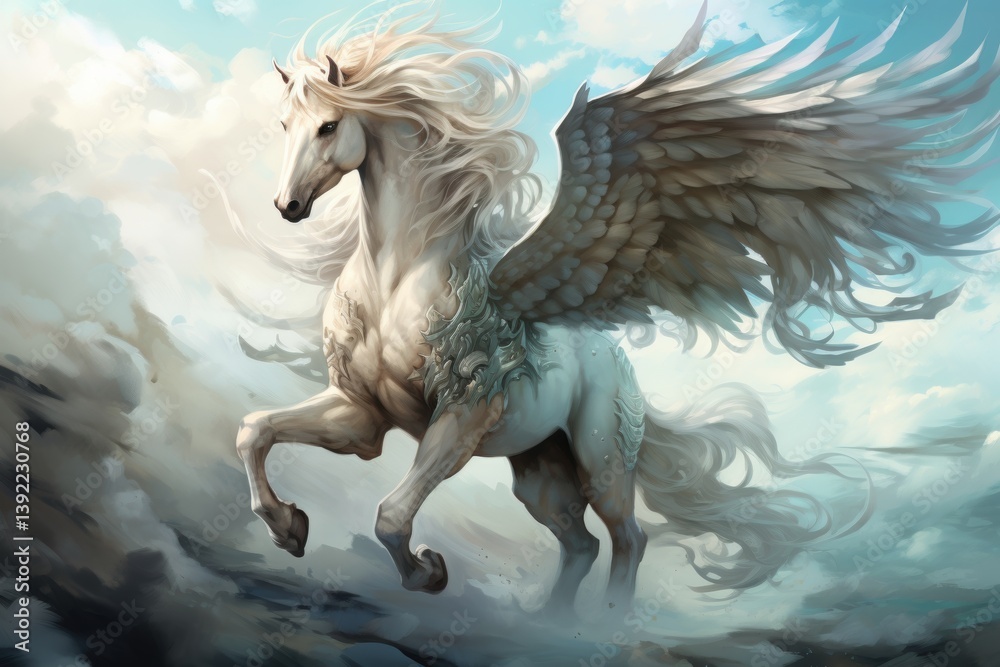 Pegasus flying in the clouds, fantasy illustration Pegasus flying in the clouds, fantasy illustration
