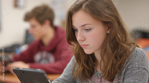 Teenage Girl Focused on Tablet in Classroom