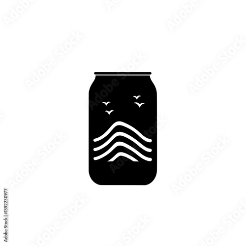 Black beverage can icon with abstract face and waves for modern branding and packaging visuals
