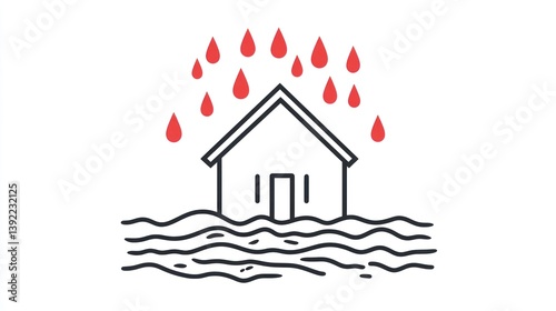 Flooded House Illustration, Raining, Flood Damage, Simple Illustration, Home Disaster, For Educational Purposes photo