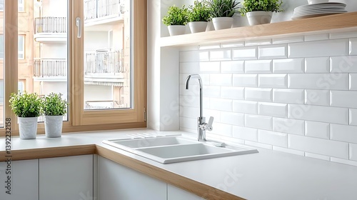 Bright kitchen window light, potted plants atop counters, and white backsplash tile design