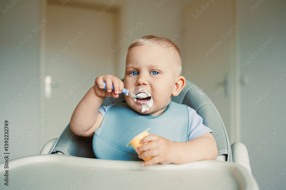 Smiling boy sitting in a high chair, eating yogurt in the kitchen. Healthy food for children. Bio yogurt food for children. Children eating vegetables. Little boy eating dairy products.
