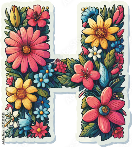 	
Doodle flower letter H. Floral element of colorful alphabet made from flowers