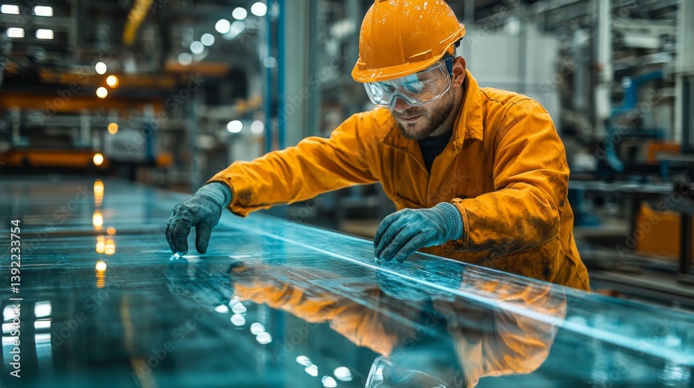 Craftsman inspects glass sheets for quality in a busy fabrication plant. The worker wears protective gear and operates machinery in an efficient manufacturing environment. Craftsman inspects glass sheets for quality in a busy fabrication plant. The worker wears protective gear and operates machinery in an efficient manufacturing environment.