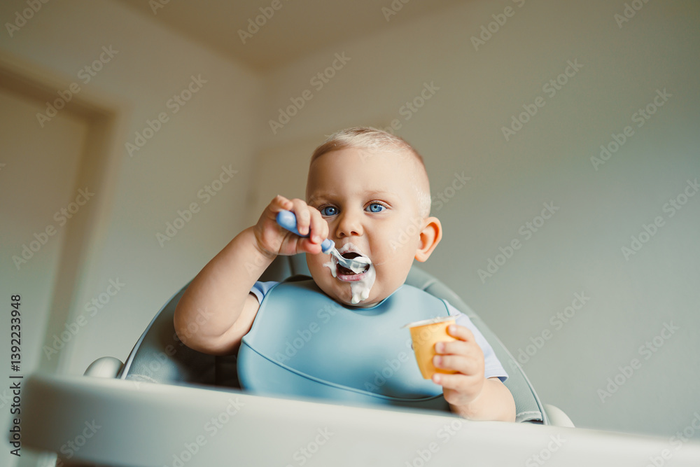 Smiling boy sitting in a high chair, eating yogurt in the kitchen. Healthy food for children. Bio yogurt food for children. Children eating vegetables. Little boy eating dairy products.