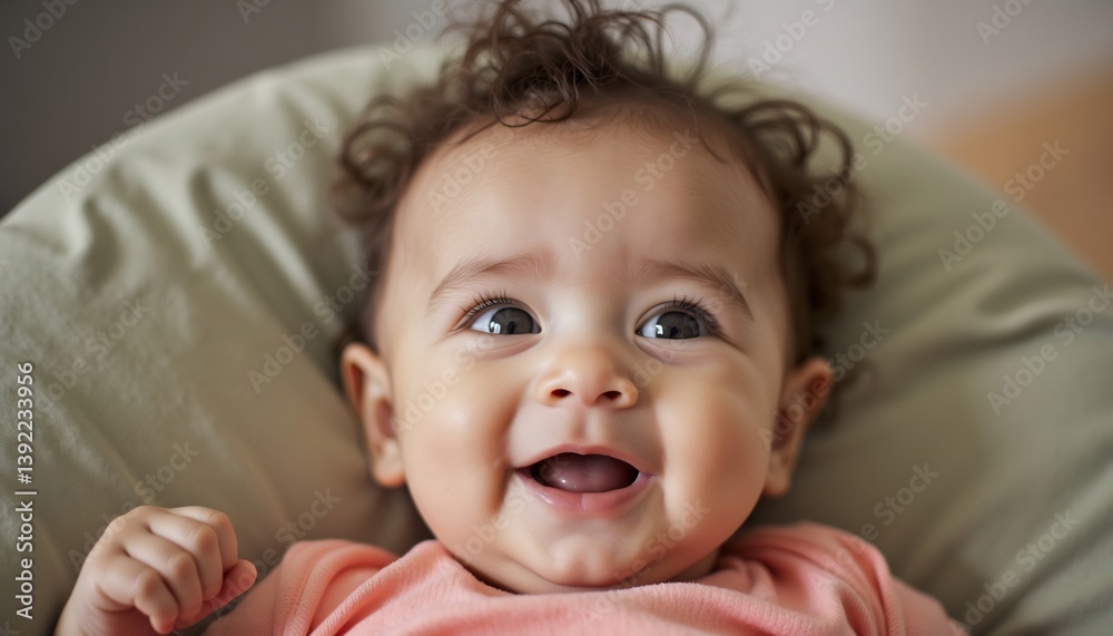 Adorable Baby Smiling With Curly Hair Resting On A Neutral Pillow