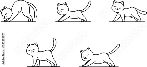 Cat stretching in various poses illustrated in minimal flat vector art