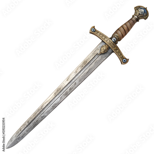 watercolor Old sword medieval weapon blade knight equipment with ornate handle isolated on transparent background