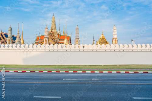 Beautiful of Buddhist temple or Wat Phra Kaew or Wat Phra Si Rattana Satsadaram with famous tourist landmark sunlight in the morning, Bangkok, Thailand.