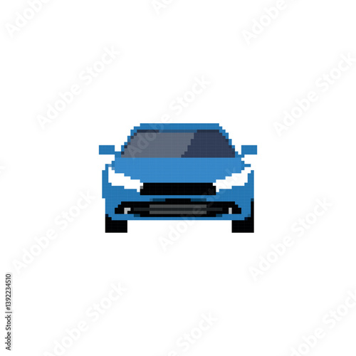 Pixelated sports car icon in front view. Retro pixel art sports car simple detailing vehicle retro design icon.