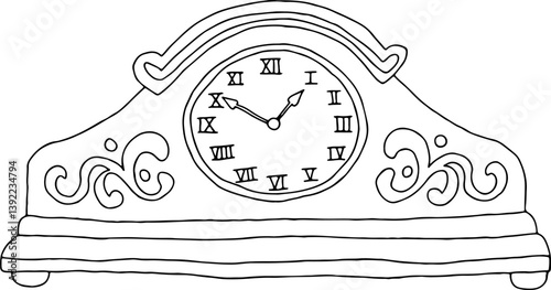 antique table clock with pattern round dial with roman numerals hand drawn with black curved lines