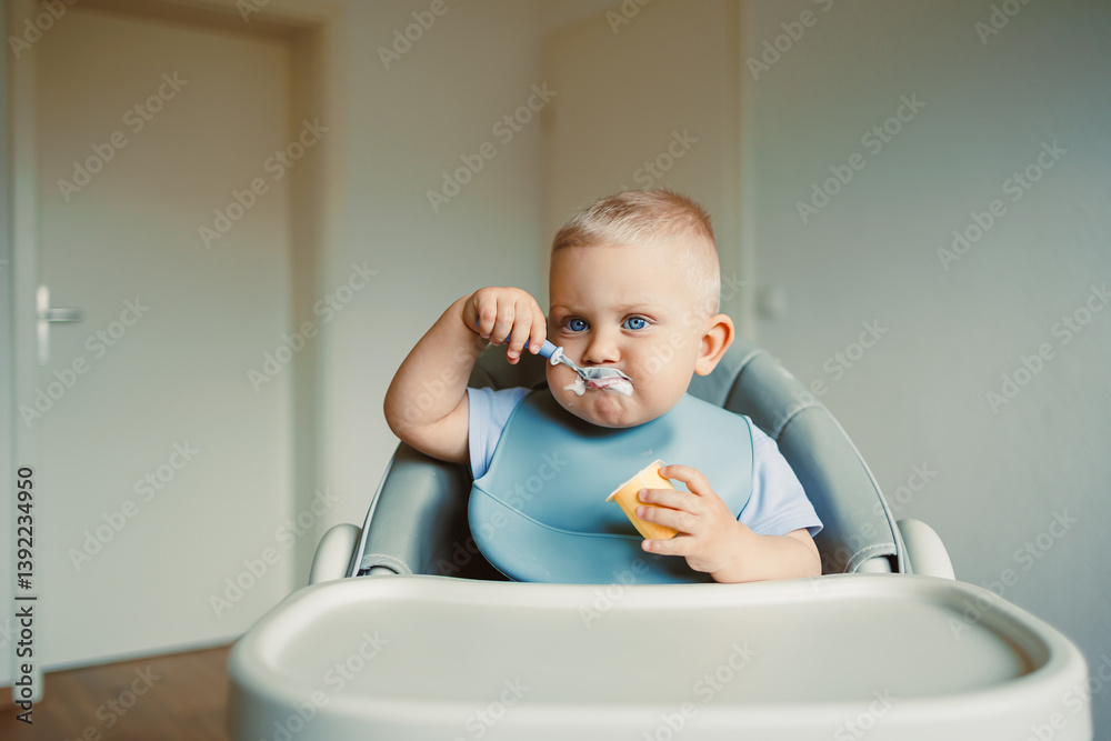 Smiling boy sitting in a high chair, eating yogurt in the kitchen. Healthy food for children. Bio yogurt food for children. Children eating vegetables. Little boy eating dairy products.