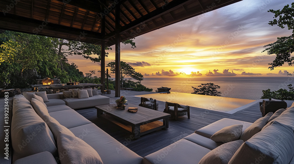 Fototapeta premium Open air lounge with stunning sunset view over ocean, featuring cozy seating