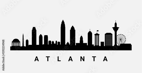 Atlanta skyline silhouette with modern city outline and landmark buildings in black and white. Vector Atlanta cityscape design downtown Georgia usa background