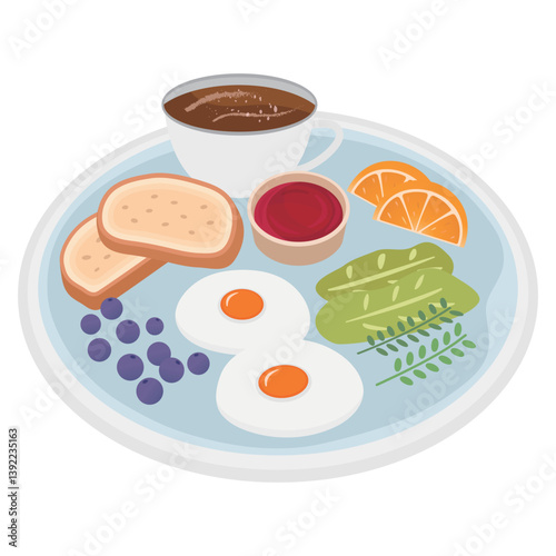 Breakfast vector illustration on white background. There was green salad, oranges, eggs, blueberries, sliced ​​bread and jam.